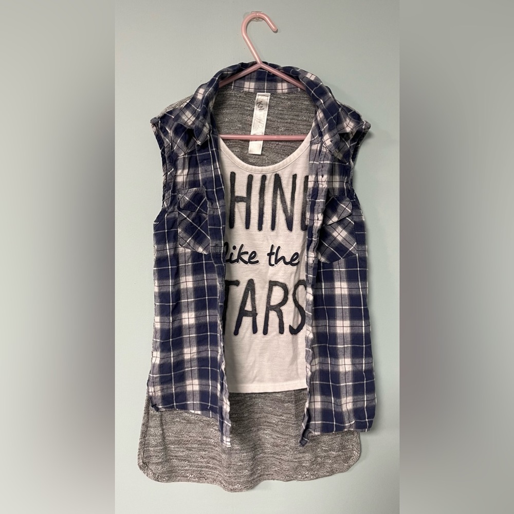 Knit Works Plaid Blue & Grey Sleeveless Shirt, Girl Size 14 L/G, Girl Vest Shirt
